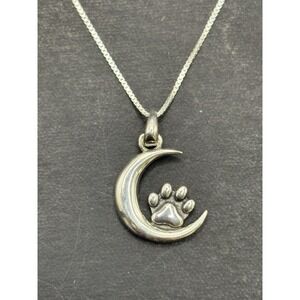 New Condition 18" Sterling Silver Paw Print Moon Pendant Necklace J18